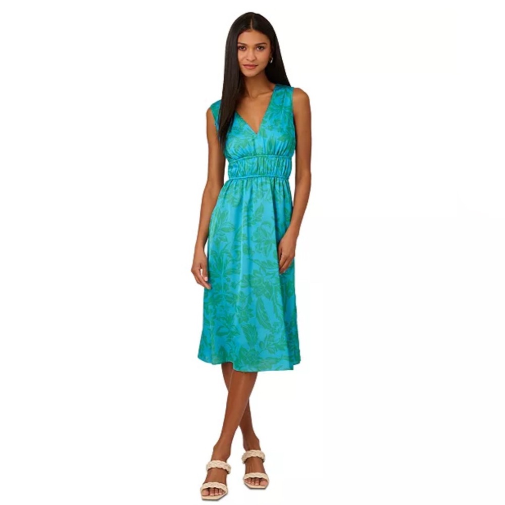NWT Adrianna Papell Blue Floral Print Smocked Waist Dress Size‎ 14